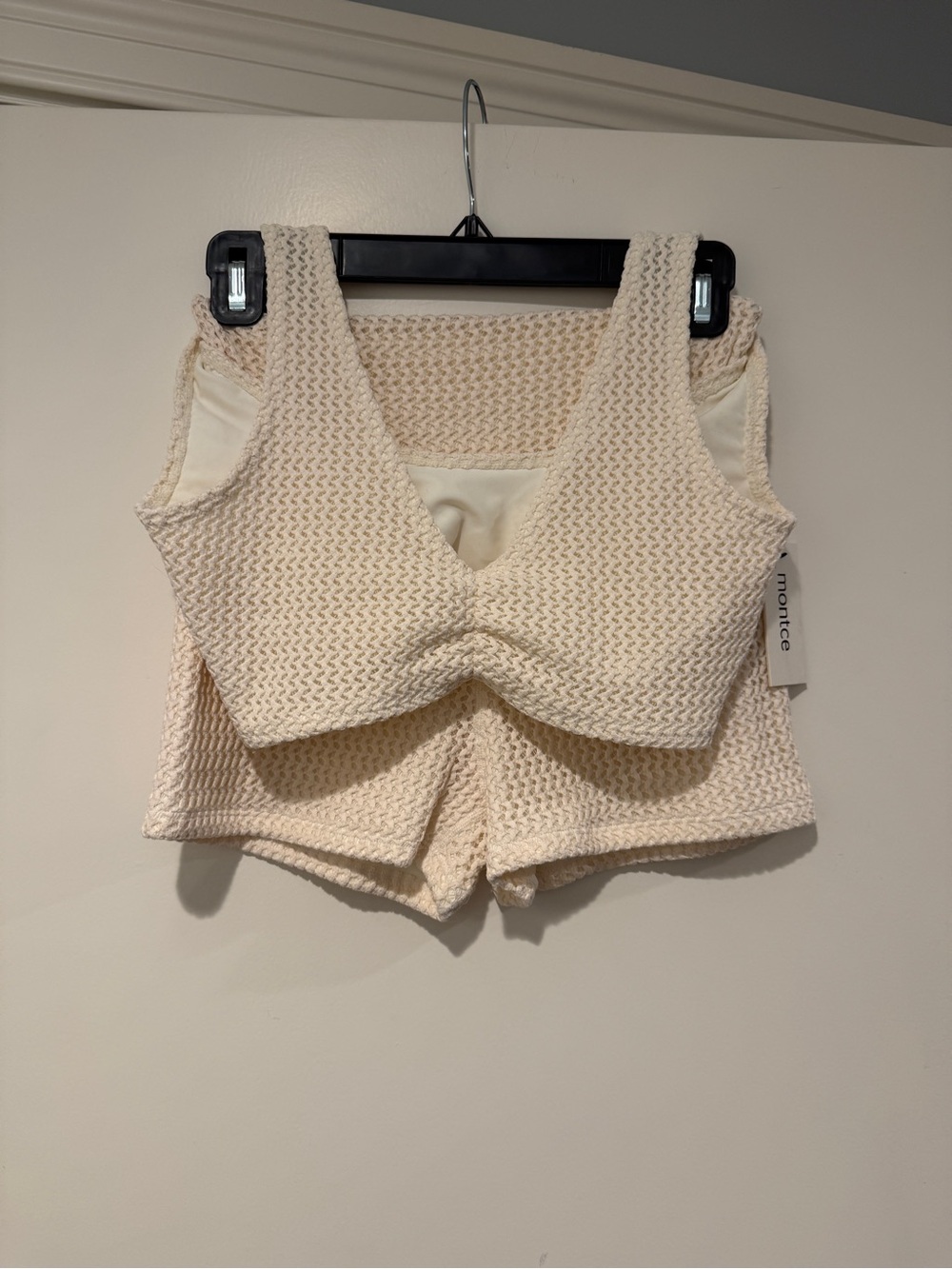 NWT Montce Cream Textured Knit Twist Front Crop Top & Short Set